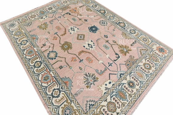 8x10 Schneller Versand! Blush Pink Oushak Teppich | Handgeknüpfter Wollteppich | Türkischer Stil Teppich | Pastell Blumen Orientteppich für Wohnzimmer