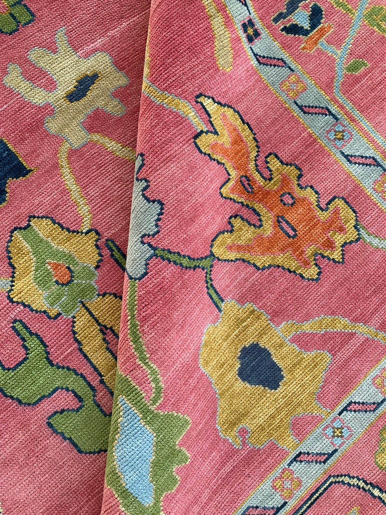 Prachtige roze Turkse Oushak handgeknoopt tapijt 4x6, 5x8, 6x9, 8x10, 9x12, 10x14 ft handgemaakte tapijten voor woonkamer antiek eigentijds tapijt afbeelding 4