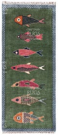 Handknotted Fish design Runner Rug - Blue - Green color Contemporary Style Wool Runner Rug - Hallway Runner - Kitchen runner - Boho runner