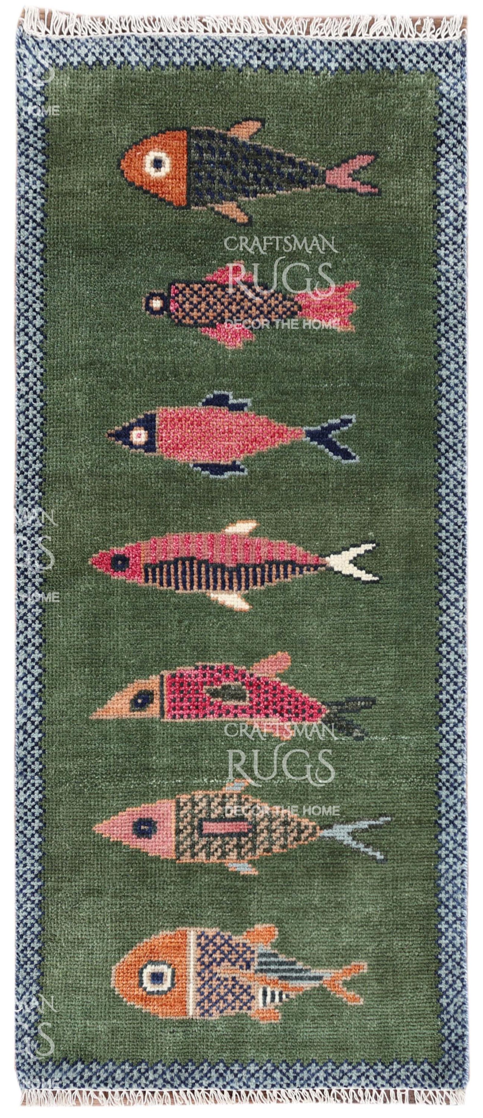 Handknotted Fish design Runner Rug - Blue - Green color Contemporary Style Wool Runner Rug - Hallway Runner - Kitchen runner - Boho runner - 2x3 feet