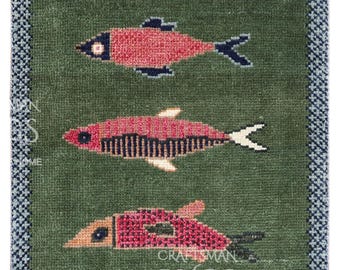 Handgeknüpfter Fisch Design Läufer - Blau - Grüner Läufer Teppich Läufer - Küchenläufer - Boho Läufer