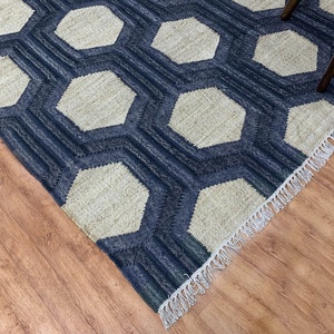 Modern Handmade Jute Area Rug- Flatweave Natural Dyed Blue - 4x6, 5x8, 6x9, 8x10, 9x12, 10x14 ft Handwoven Dhurrie Rug - Scandinavian Rug