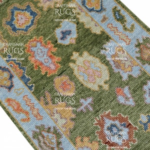 Handknotted Oushak design Runner Rug - Moss Green color Contemporary Style Wool Runner Rug - Hallway Runner - Kitchen runner - Boho runner
