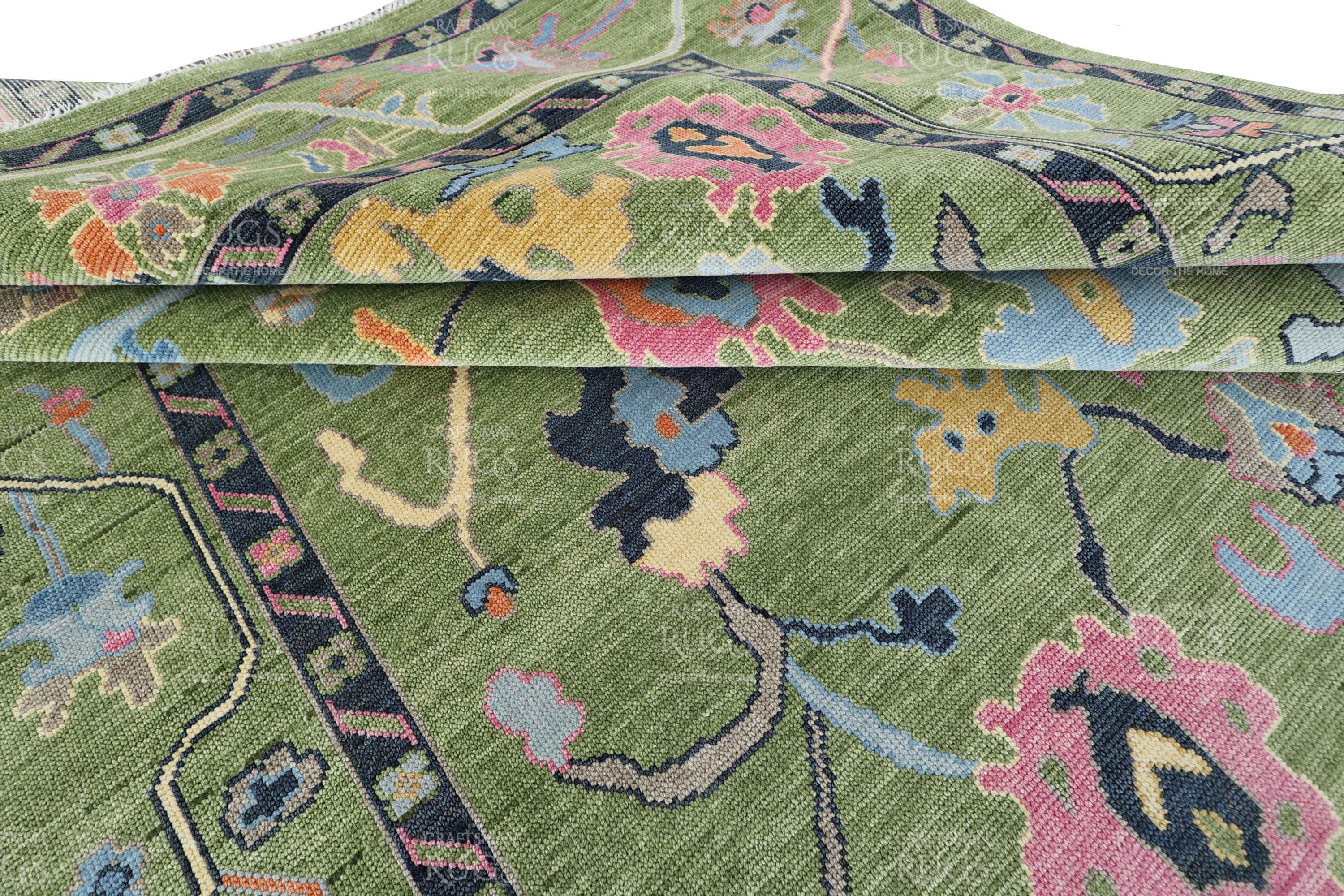 Verdant Indo Oushak Rug – Hand-Knotted Wool Rug in Multiple Sizes – Luxurious Moss Green Rug for Living Room, Bedroom & Dining Hall