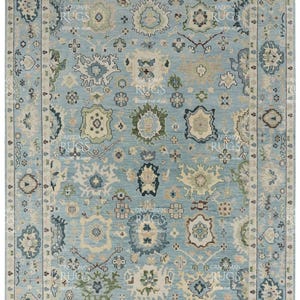 Pu&ograve; includere: Un tappeto rettangolare con sfondo azzurro e un intricato motivo floreale nei toni del crema, verde e blu navy. Il tappeto ha un bordo dettagliato e il testo "CRAFTSMAN RUGS DECOR THE HOME" &egrave; visibile.