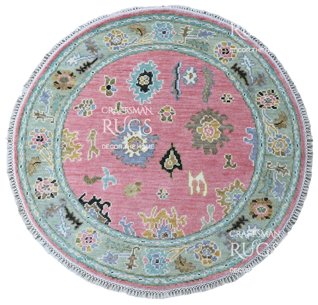 Pushak Rug Pink - Moss Round Oushak Inspired Rug - Handknotted Wool Area Rug ...
