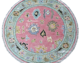 Pink - Moss Round Oushak inspired Rug - Handknotted Wool Area Rug - Rugs For Bedroom - Living Room - Kitchen Area