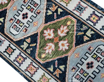 Tappeto passatoia annodato a mano con design Oushak - Colore blu-grigio - Tappeto passatoia in lana in stile contemporaneo - Tappeto passatoia per corridoio - Tappeto passatoia per cucina - Tappeto passatoia boho