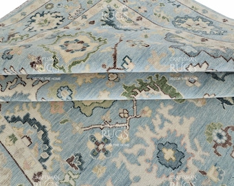 Sky Blue Hand-Knotted Oushak Rug – Traditional Turkish Design with Green & Cream Accents | Vintage-Style Wool Area Rug | Living Room Decor