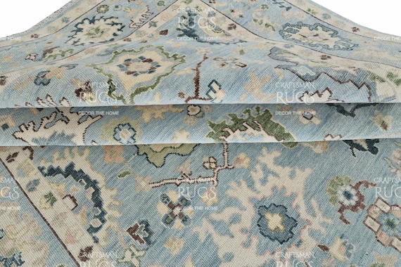 Sky Blue Hand-Knotted Oushak Rug – Traditional Turkish Design with Green & Cream Accents | Vintage-Style Wool Area Rug | Living Room Decor