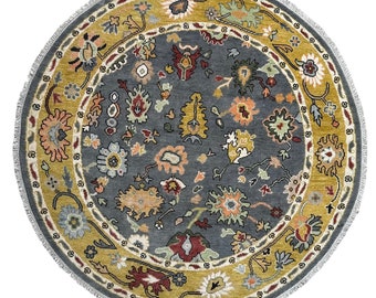 Round Oushak inspired Rug- Grey Persian style- Handknotted Wool Area Rug - Rugs For Bedroom - Living Room