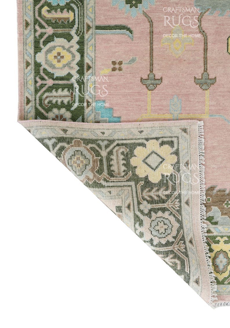 Pink Rug Pattern Horizontal Modern Pink-moss Oushak Hand Knotted Rug 4x6, 5x8, 6x9, 8x10, 9x12 ...