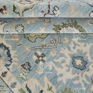 Pu&ograve; includere: Primo piano di un tappeto azzurro con un intricato motivo floreale. Il tappeto presenta una combinazione di tonalit&agrave; blu, beige, verdi e marroni. Il design include fiori stilizzati e forme geometriche.