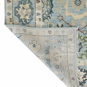 Pu&ograve; includere: Un tappeto azzurro con un motivo floreale dettagliato e un bordo color crema. Il tappeto ha un aspetto invecchiato, con frange visibili sul bordo. Il testo "CRAFTSMAN RUGS DECOR THE HOME" &egrave; visibile.