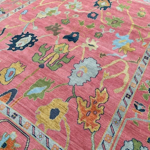 Prachtige roze Turkse Oushak handgeknoopt tapijt 4x6, 5x8, 6x9, 8x10, 9x12, 10x14 ft handgemaakte tapijten voor woonkamer antiek eigentijds tapijt afbeelding 3