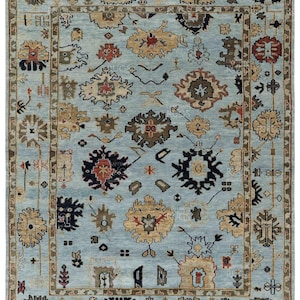 9x12 Modern Aqua Blue Turkish Oushak Hand Knotted Rug, Antique Handmade Premium Wool Rugs for Living Room - Contemporary Floor Carpet