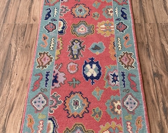 Turkish Inspired Oushak design Runner Rug - Coral Pink color Hand knotted Wool Runner Rug - Hallway Runner - Kitchen runner - Boho runner