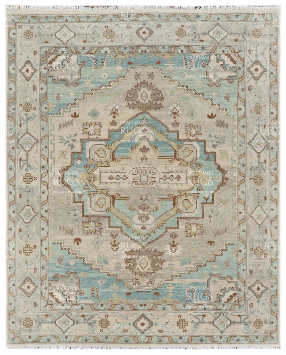 2,5 x 3 m Schneller Versand! Beige - Lt Blau Farbe Oushak Handgeknüpfter Teppich, Handgefertigte Teppiche für Wohnzimmer - Zeitgenössischer Teppich im Antiken Stil