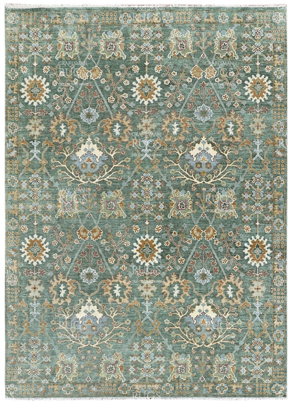 10x14 ft Quick Ship! Moss Green Turkish Inspired Oushak design Hand Knotted Rug - Handmade Antique Style Contemporary Living Room Rug