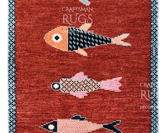 Handgeknüpfter Fisch Design Läufer Teppich - Rost und Blau Farbe Trendy Style Teppich Läufer - Küchenläufer - Boho Läufer