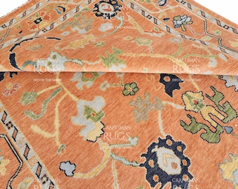 Modern Oushak Rug Hand Knotted Wool Area Rug, Vintage Style Turkish Oushak Floral Rug, Burnt Orange Terracotta Boho Oriental Rug