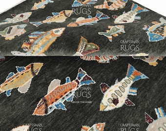 Modern Fish Design Handmade Wool Rug | Hand knotted Contemporary Rug | Ocean Theme Nautical Carpet | Colorful Fish Area Rug