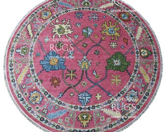Pink Round Oushak Rug 5' 6' 7' 8' 9' 10' Diameter - Hand Knotted Wool Oushak Style Rug - Living Room and Dining Decor
