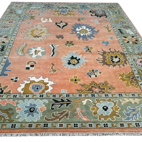 Indo Oushak Hand Knotted Wool rug 4x6, 5x8, 6x9, 8x10, 9x12, 10x14 ft Handmade Oriental rug - Antique Turkish Inspired rug, Peach rug