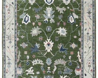 Elegant Moss Green Oushak Handmade Rug - Persian knotted Soft Wool Rug for Living Area, Office & Kitchen - Available in Multiple sizes