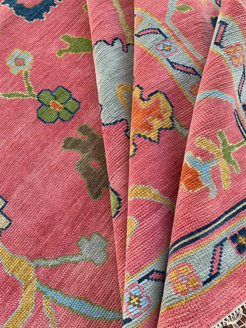 Prachtige roze Turkse Oushak handgeknoopt tapijt 4x6, 5x8, 6x9, 8x10, 9x12, 10x14 ft handgemaakte tapijten voor woonkamer antiek eigentijds tapijt afbeelding 2
