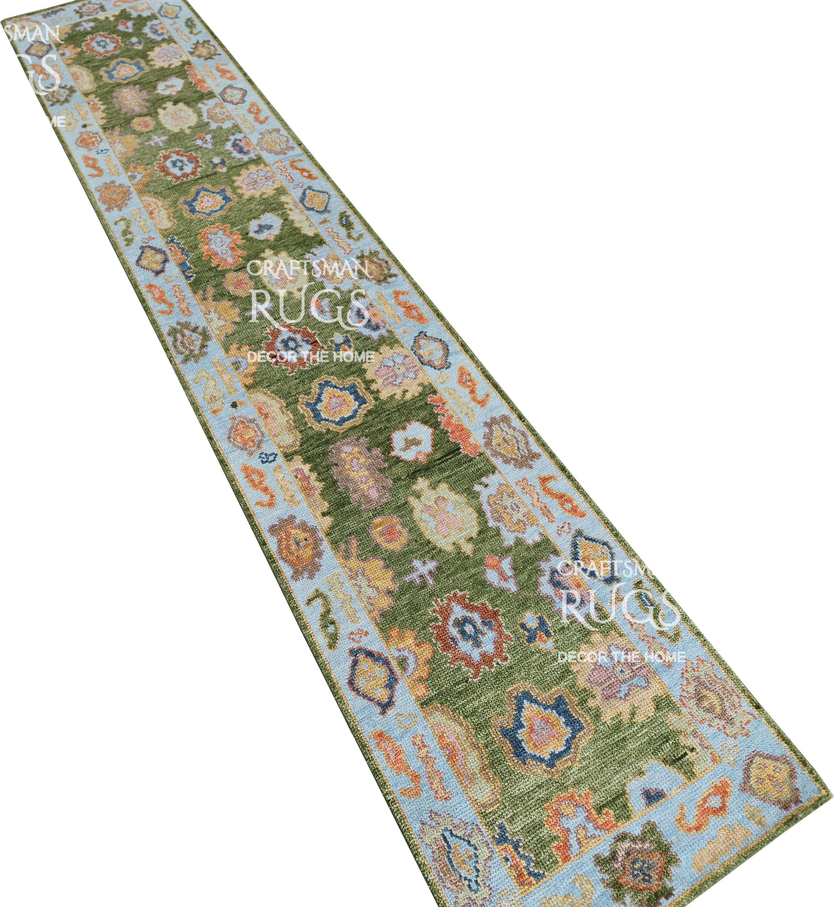 Handknotted Oushak Design Runner Rug - Moss Green Color Contemporary ...