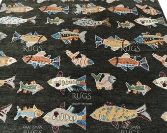 8x10 ft Quick Ship! Playful Fish Design Wool Rug 8x10 | Hand knotted Contemporary Rug | Ocean Theme Nautical Carpet | Colorful Fish Area Rug
