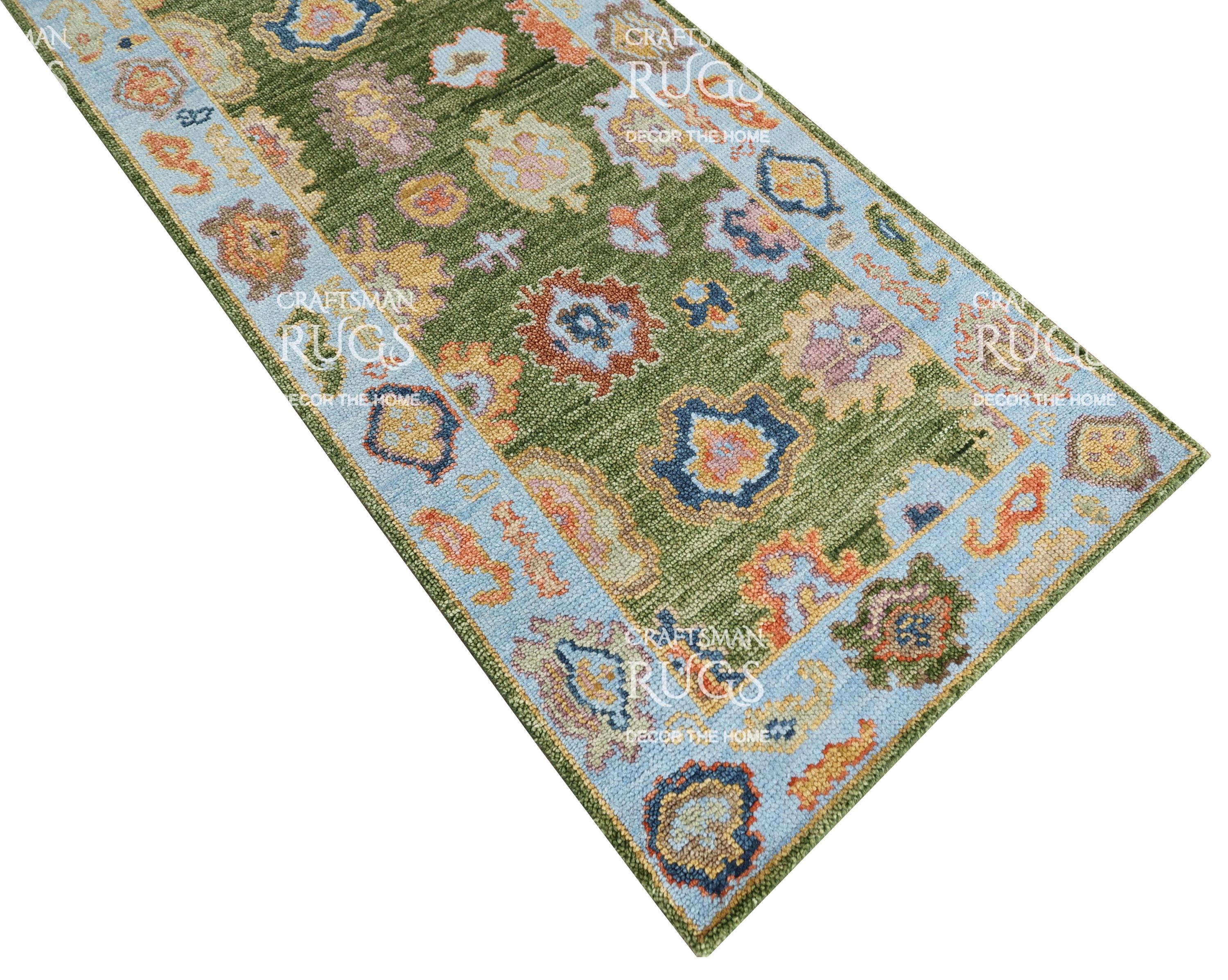 Handknotted Oushak Design Runner Rug - Moss Green Color Contemporary ...
