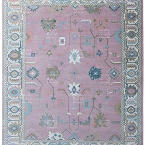 Alfombra anudada a mano de inspiración Oushak en color rosa suave de 4x6, 5x8, 6x9, 8x10, 9x12, 10x14 pies. Alfombras hechas a mano para sala de estar - Alfombra contemporánea de estilo antiguo.