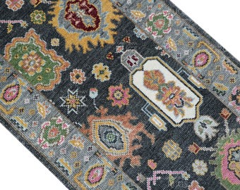 Handgeknüpfter Oushak Design Läufer - Schwarz-Grauer Läufer Teppich Läufer - Küchenläufer - Boho Läufer