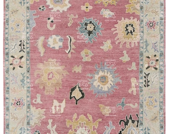 Quick Ship! 8x10 ft Pink Modern Oushak style Hand Knotted Rug, Antique Handmade Rugs for Living Room - Contemporary Floor Carpet