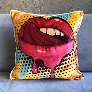 Pink Lips Velvet Pillow Cover: Pop Art Throw Cushion, 20x20