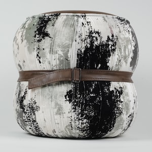 Modern Abstract Velvet Pouf with Leather Belt – Handmade Upholstered Ottoman Seat – Contemporary Home Decor & Accent Furniture