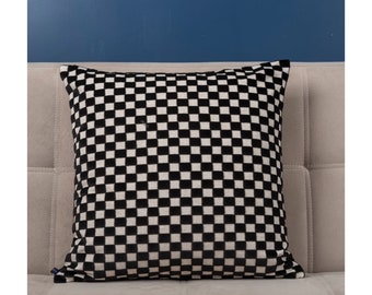 Funda de almohada de terciopelo con diseño de cuadros: cojín cuadrado blanco y negro (55 x 55 cm)