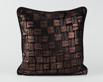 Foil Printed Velvet Pillow: Black and Copper Geometric Cushion