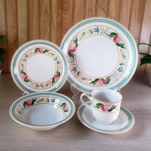 Vintage Noritake Keltcraft Countrywood Dinner, Salad Plates, Cereal Soup Bowls, Cups, Saucers, Fruit, Yellow, Green Bands, Ireland, Mint!