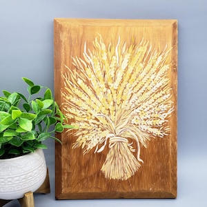 Vtg Original Painting, Wheat Harvest Design, Barn Wood, Retro Boho 1960&#39;s 1970&#39;s Style, Autumn Fall Decor, Rustic Farmhouse, Artist Made