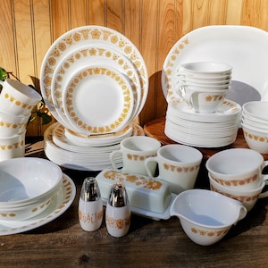 Vintage Corelle Pyrex &quot;Butterfly Gold&quot; - Dinner, Salad - Luncheon Plates, Hook Cups, Saucers, Great Condition!