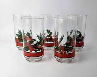 Holly & Berries Flat Tumbler Set of 5  by LIBBEY GLASS COMPANY / 16 oz