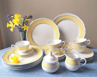 Vintage Sango Country French Versailles Dinner, Salad Plates, Cup & Saucers, Sugar Creamer, Yellow Band, Blue Dots, Daisies, See Description