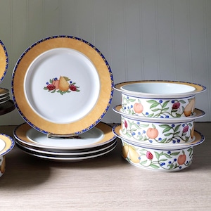 Vintage Dansk Fiance Fruits Salad & Bread Plates, Cereal Bowls, Sets of 2, Textured Blue Gold Rims, Pears, Berries, Vines Pattern, Thailand