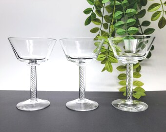 Vintage Crystal  Set of 3 Liquor Cocktail Glasses | Mid Century Modern Barware | Twisted Stem Champagne Coupes | Steuben Style Cordials