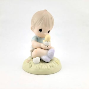 Vintage Precious Moments Figurine, Enesco I Believe In Miracles, Boy with Hatching Chick 272469, Pastel Porcelain Bisque, 3 Inch