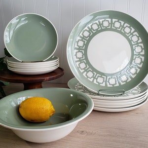 Harker Mid Century Modern Persian Key Dinner, Salad plates / Serving Bowl /1966 / Olive Sage Green and Cream image 1