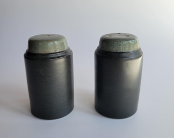 Vintage Epoch Zoom Salt and Pepper Shakers, Matte Black and Speckled Green, Stoneware